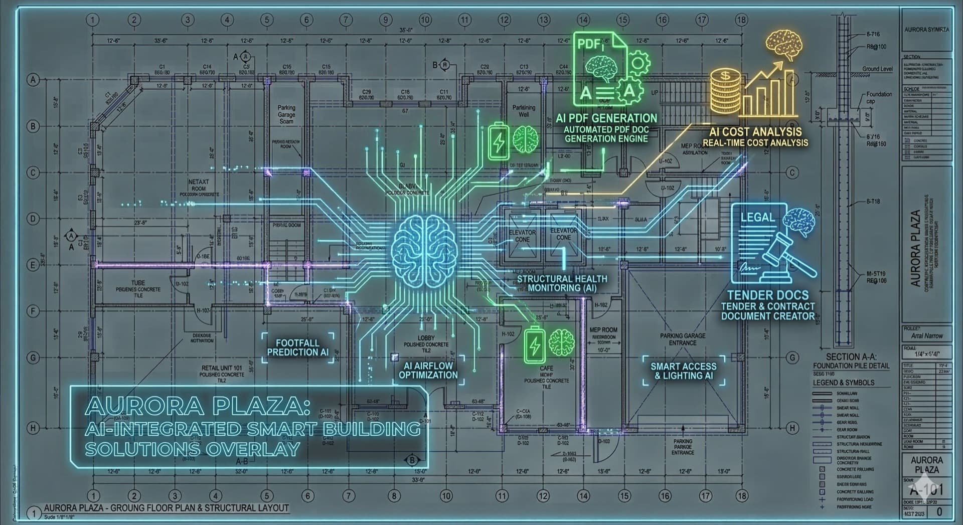 AI-enhanced construction blueprint with smart building solutions